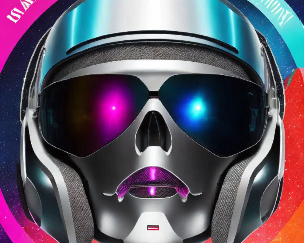 Metallic robot head with visor and futuristic design on vibrant backdrop