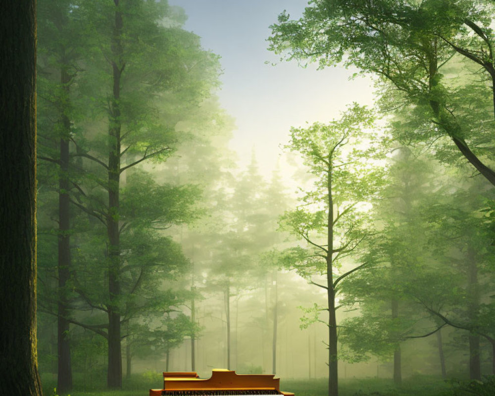 Tranquil forest scene with tall trees, sunlight, and grand piano