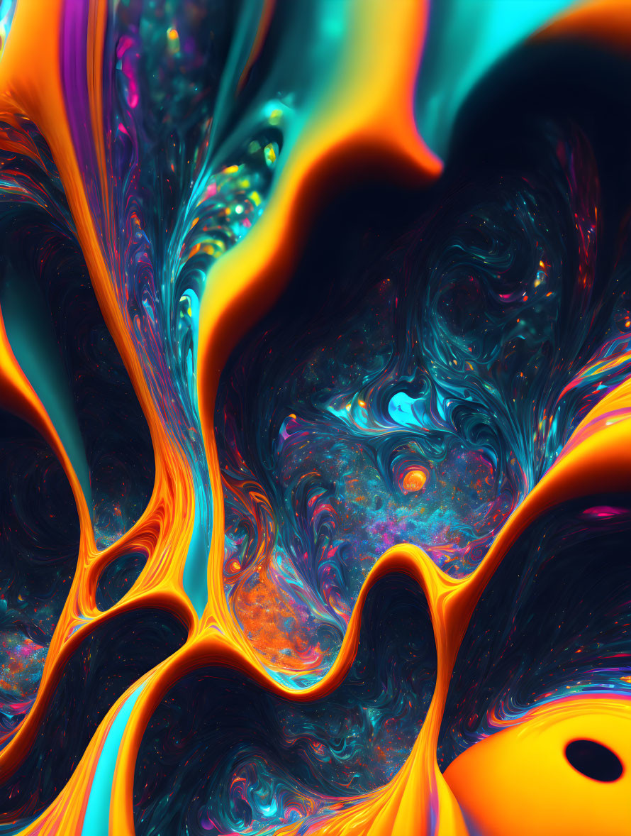 Colorful Swirling Abstract Digital Art in Blue, Orange, and Pink