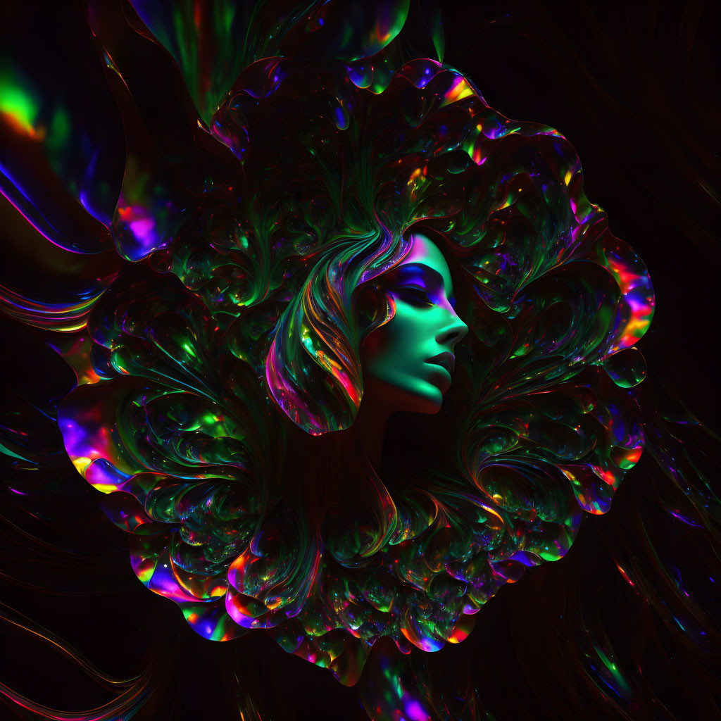 Colorful digital artwork: Woman's profile with luminous, fractal-like hair