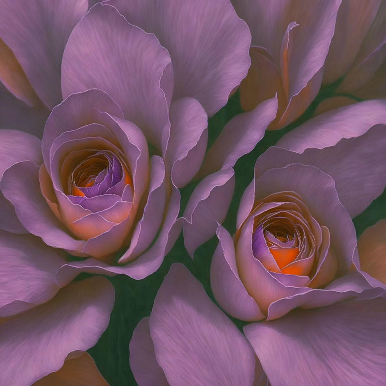 Purple roses with orange centers on purple backdrop surrounded by soft petals