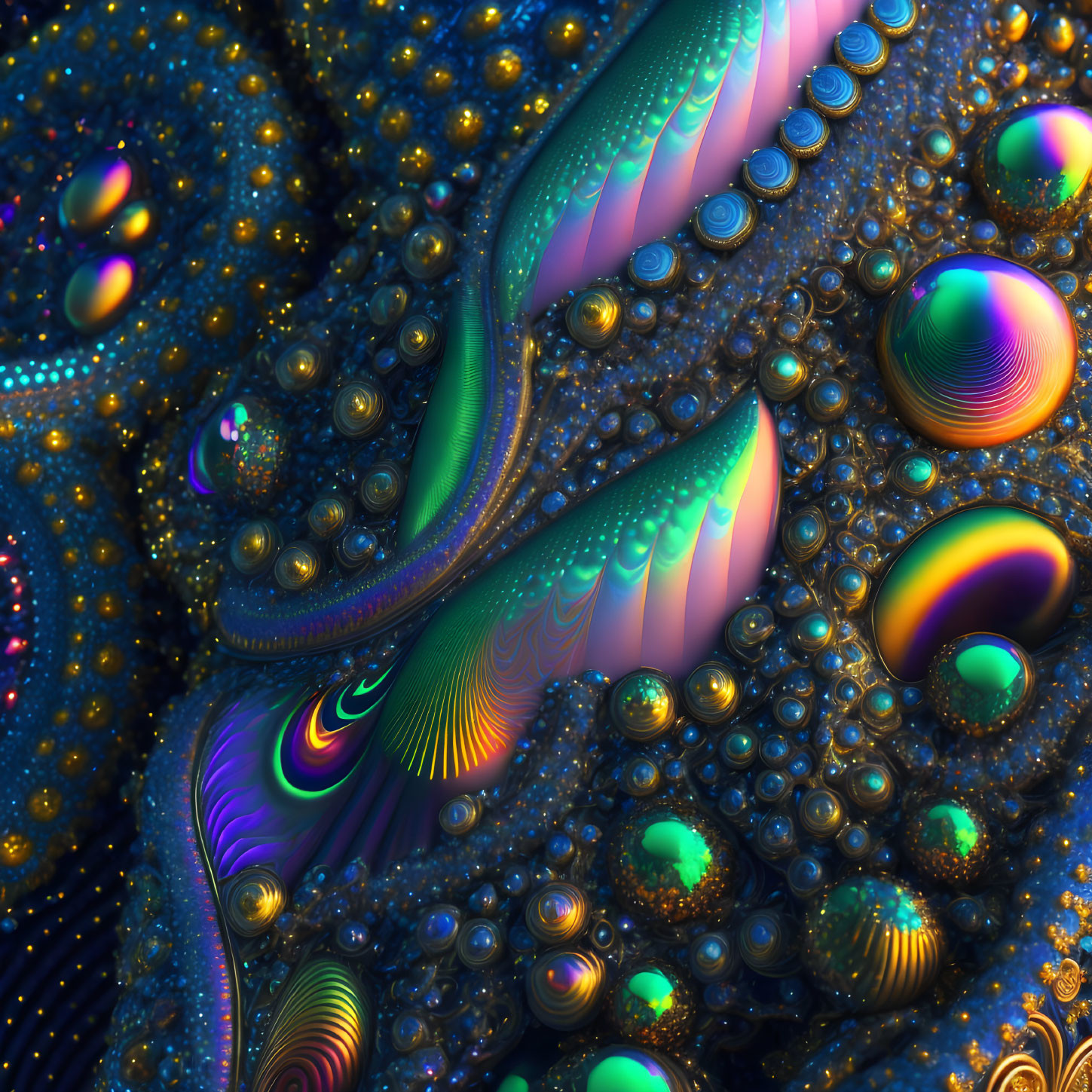 Colorful fractal art with iridescent bubbles and swirling patterns