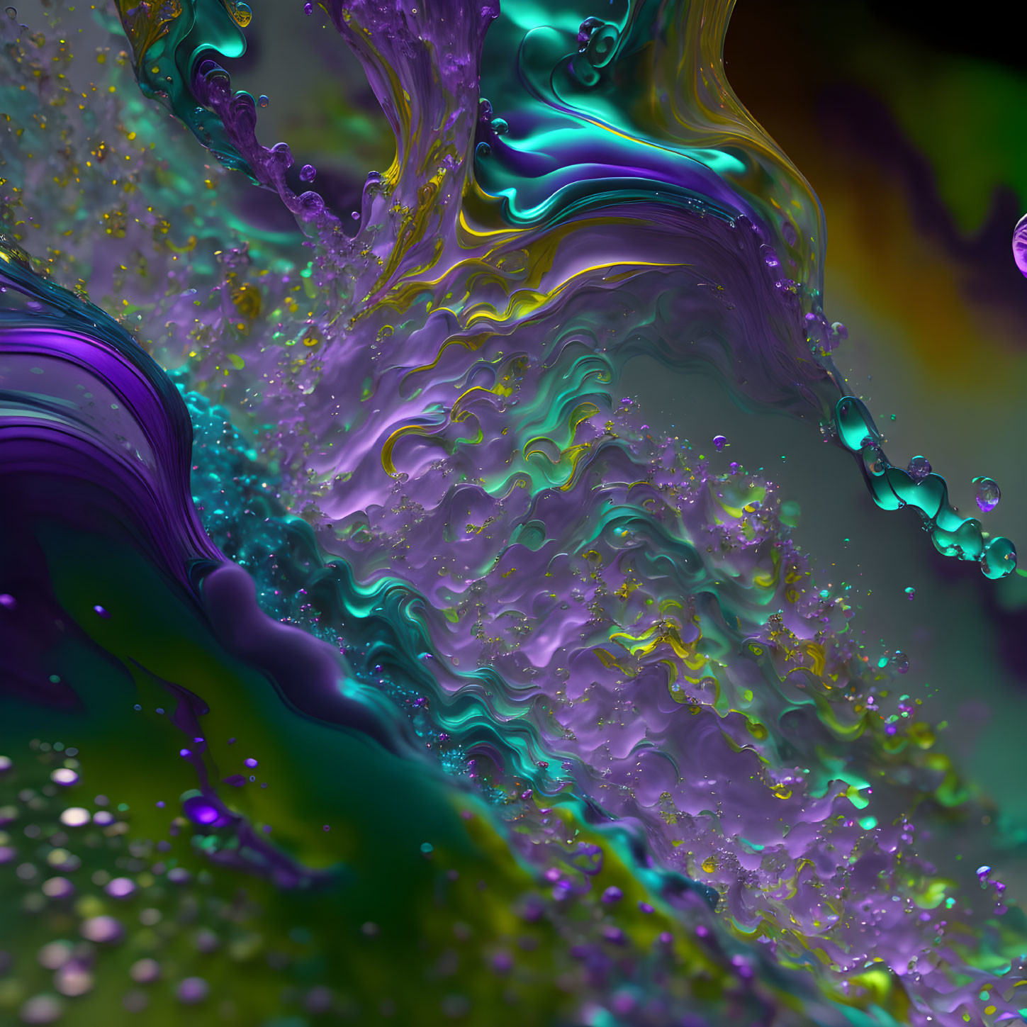 Purple, teal, and yellow swirling patterns with bubbles on dark background