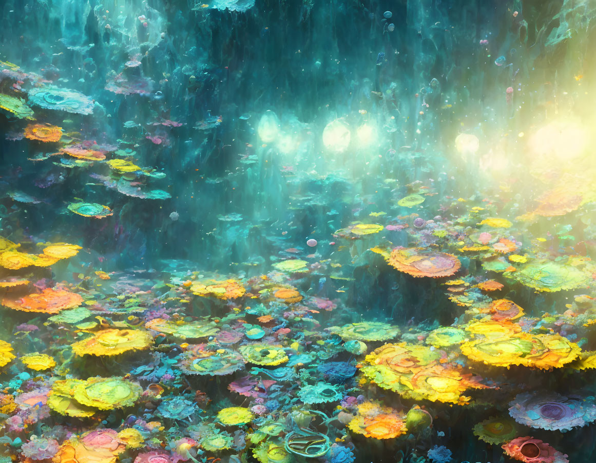 Vibrant bioluminescent flora in mystical underwater scene