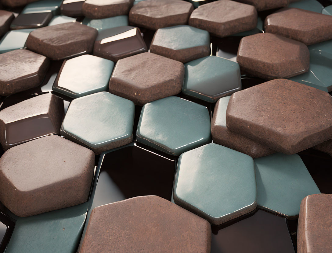 Brown and Blue Glossy Hexagonal Tile Pattern