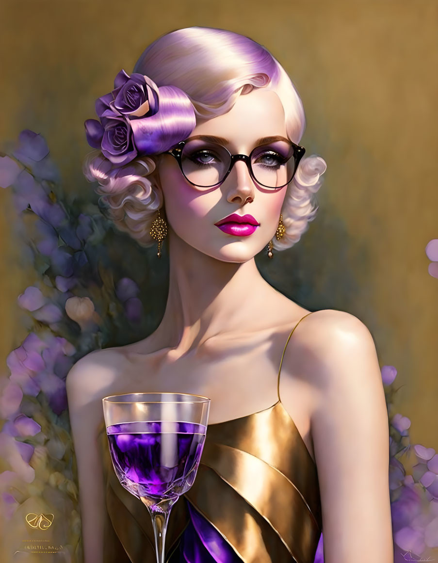 Stylish woman with lilac hair, rose accessories, gold dress, and black-rimmed