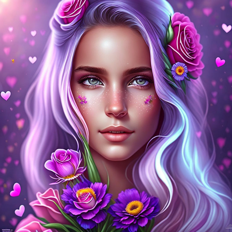 Digital portrait of woman with purple hair and floral adornments on heart-filled pink backdrop