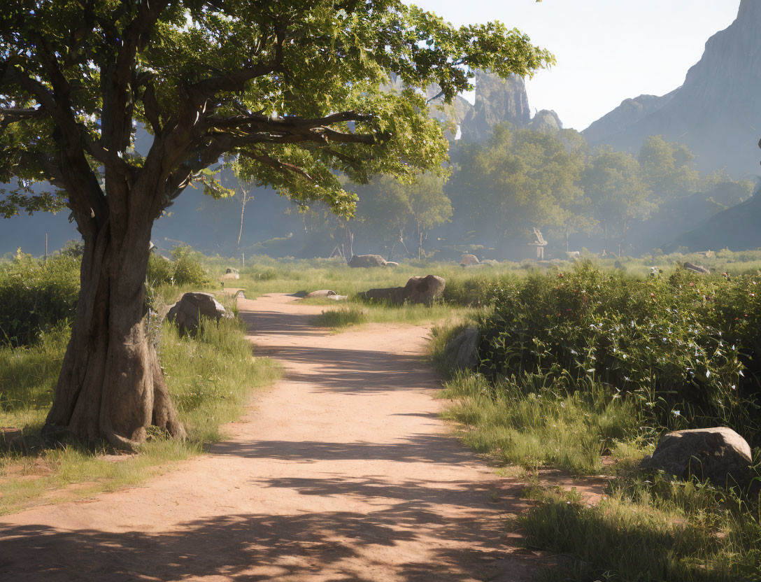 Tranquil dirt path through lush greenery and mountains