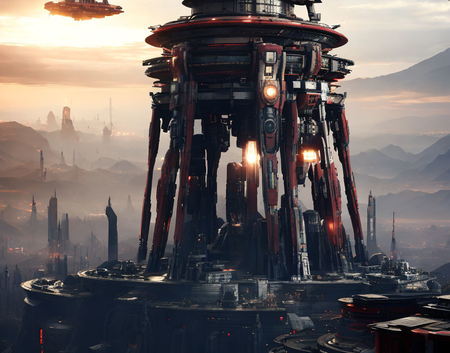 Futuristic cityscape with towering structures and flying vehicles