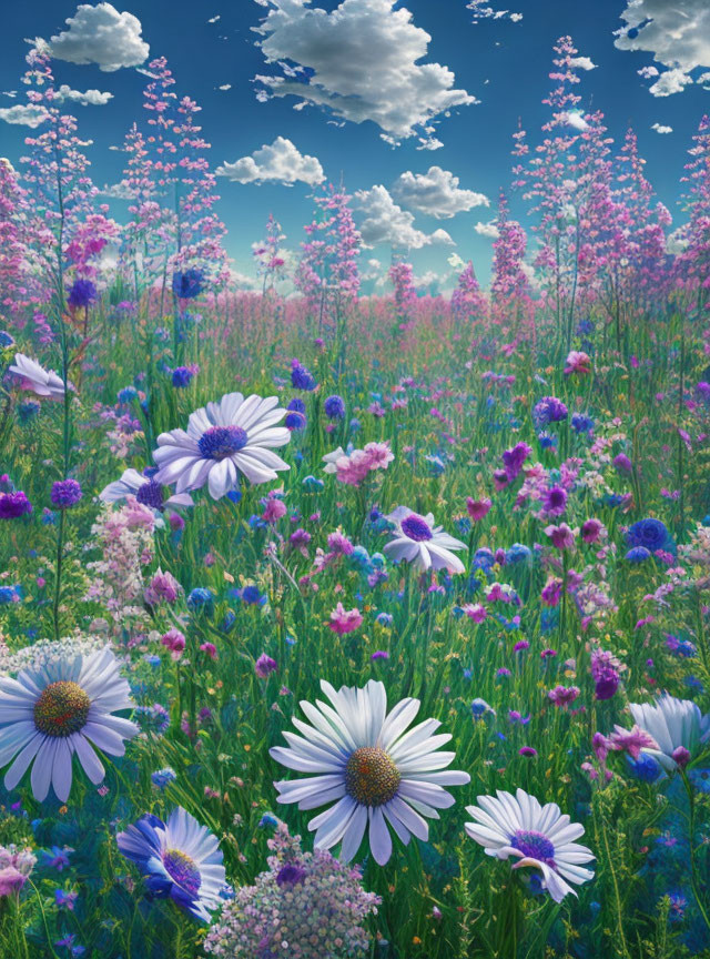 Colorful Wildflower Meadow Under Blue Sky with Cumulus Clouds