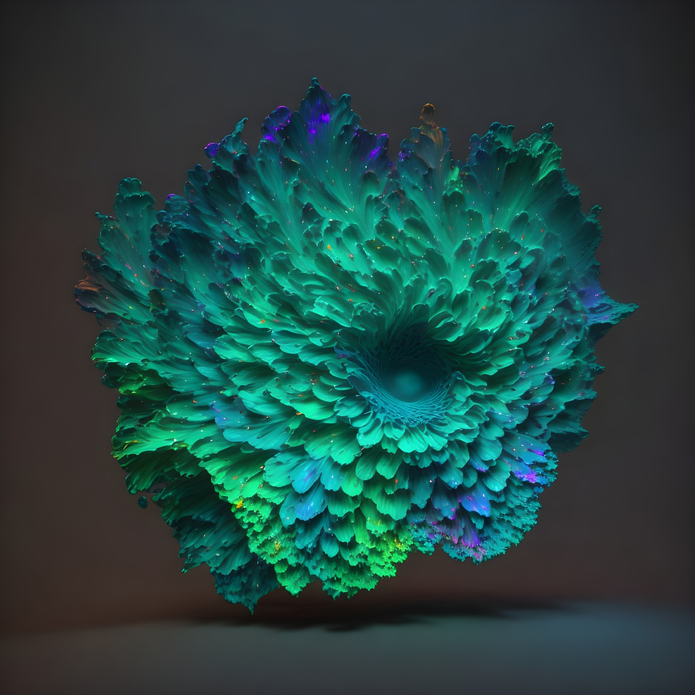 Colorful 3D-rendered coral shape with blue-green hues on dark backdrop