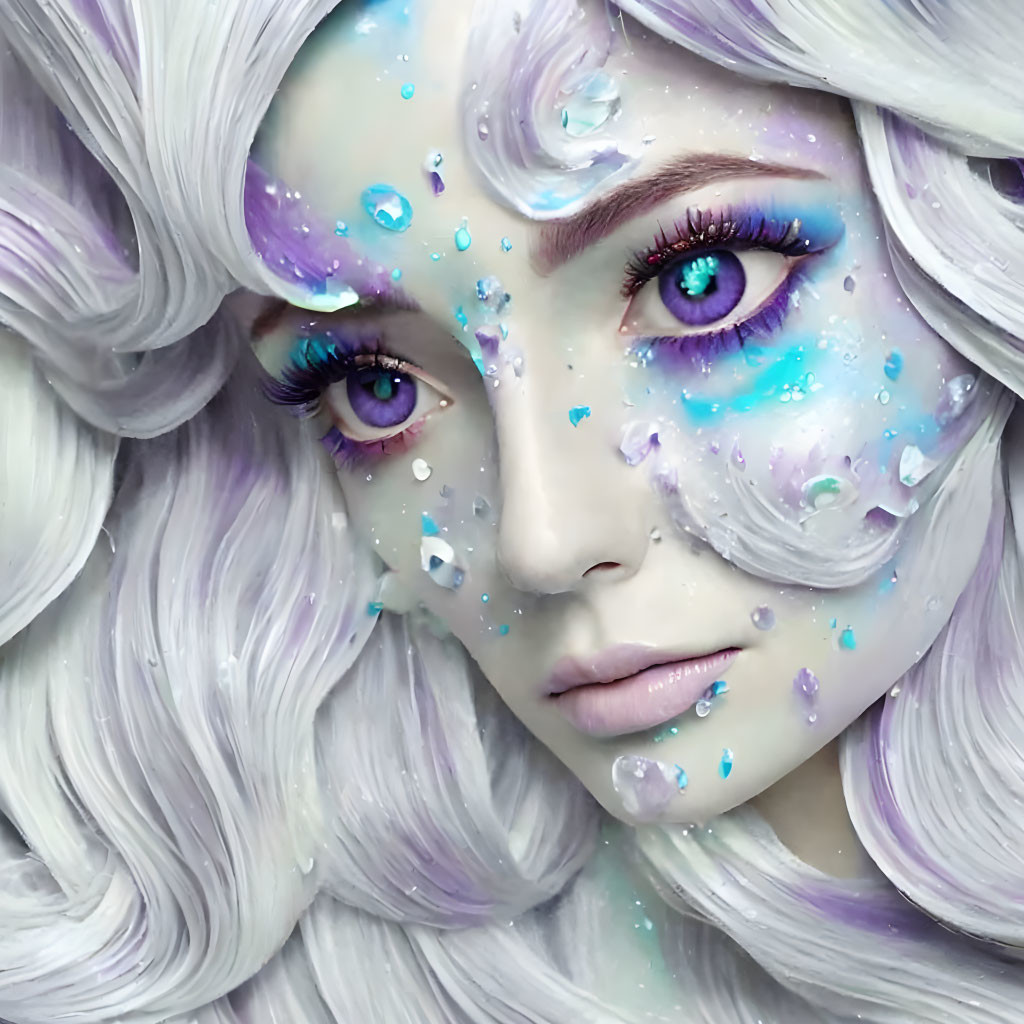 Mystical female figure with lavender hair and turquoise eyes portrait illustration