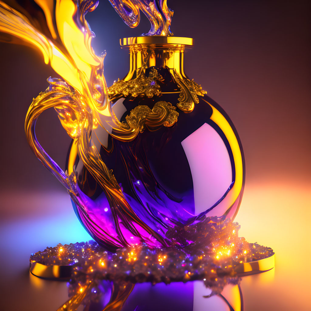 Golden detailed ornate bottle with swirling flames on purple and orange gradient background atop jewels