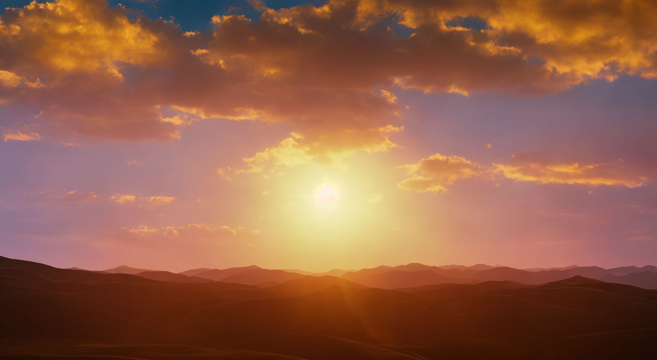 Vibrant sunset over rolling sand dunes with orange and blue sky