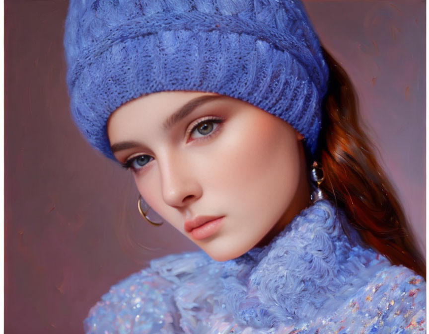 Fair-skinned person in blue knitted hat and garment, gazing at camera with subtle makeup