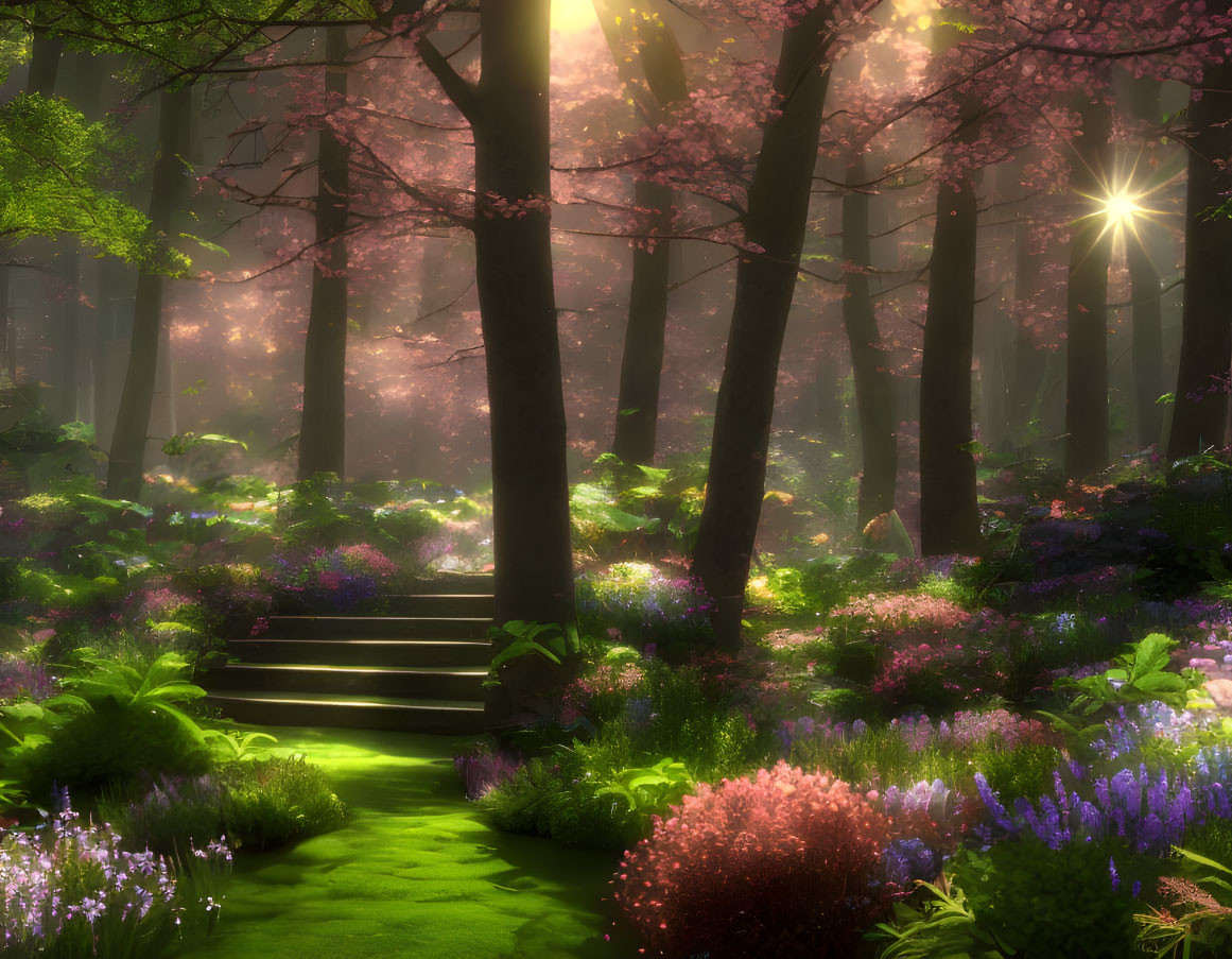 Tranquil Forest Scene with Cherry Blossoms and Sunlight