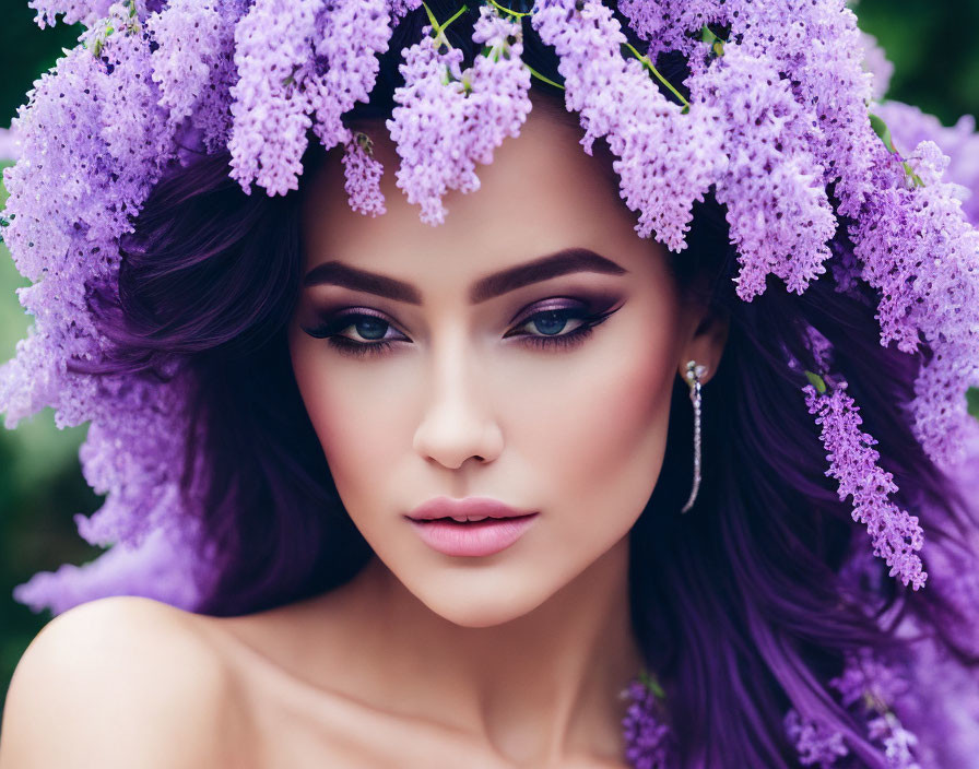 Violet-haired woman with lilac floral crown showcasing eye makeup