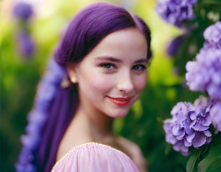 Young woman with purple hair and pink dress in lush hydrangea garden