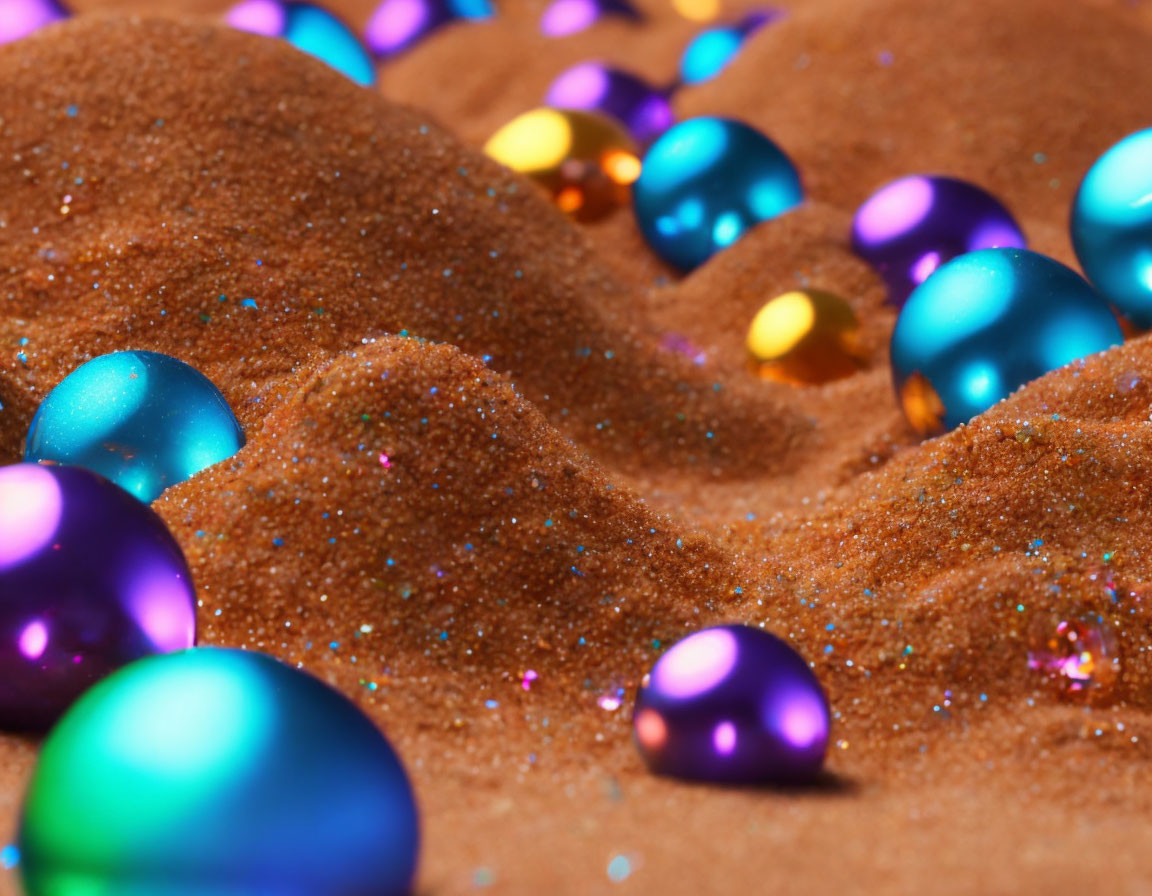 Vibrant Metallic Beads on Glittery Sand in Blue and Purple