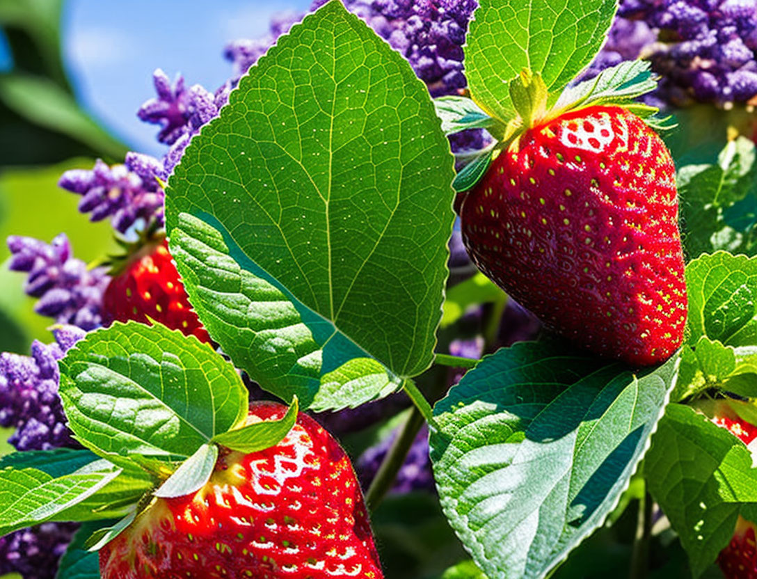 Fresh Ripe Strawberries with Green Leaves and Purple Flowers on Blue Sky Background