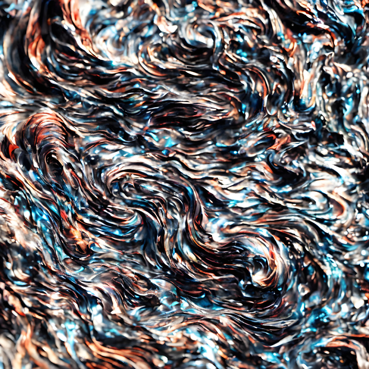 Swirling blue, brown, and white iridescent abstract texture