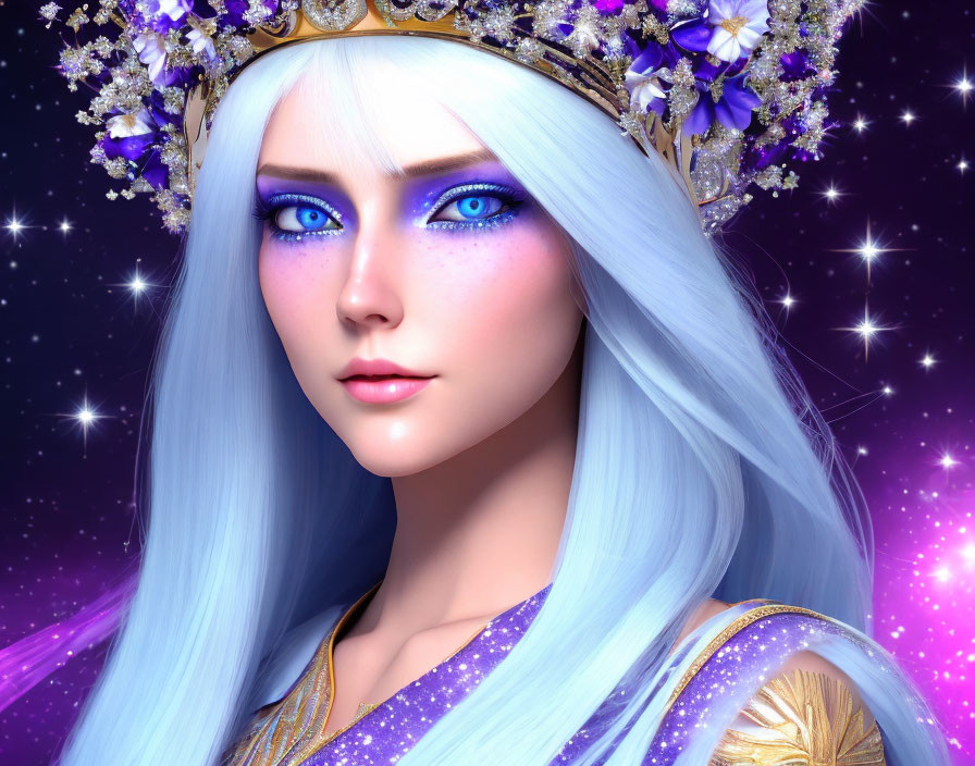 Digital artwork of woman with blue eyes, white hair, floral crown, starry background