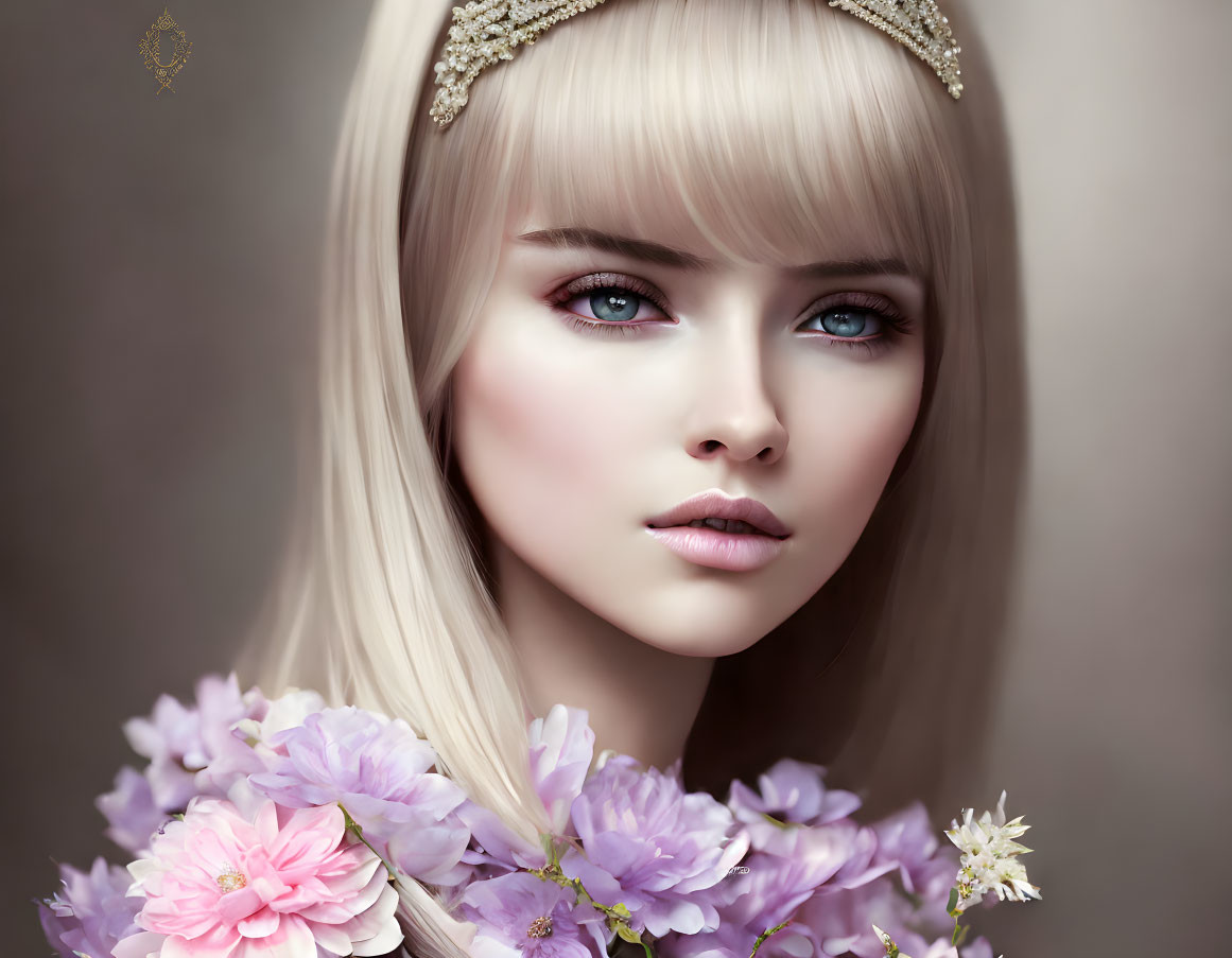 Blond-haired woman with blue eyes in digital portrait surrounded by pastel flowers