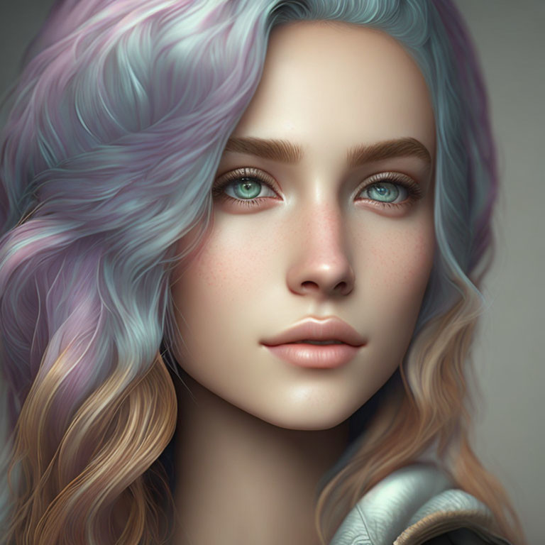 Digital portrait of young woman with blue and purple hair, piercing eyes, and freckles