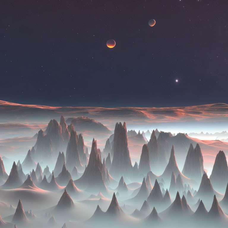 Misty alien landscape with sharp mountain peaks and two moons