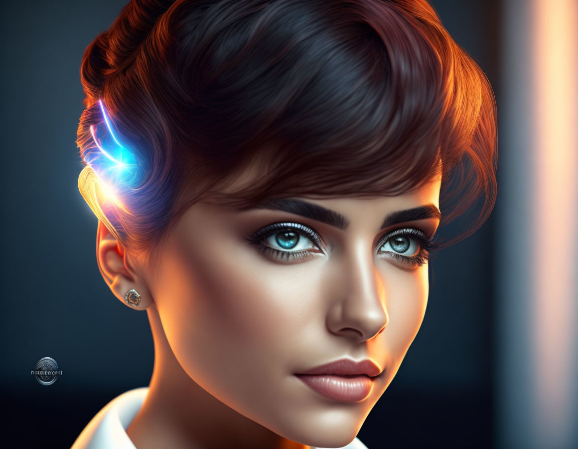 Digital artwork featuring woman with striking blue eyes and glowing blue light from ear