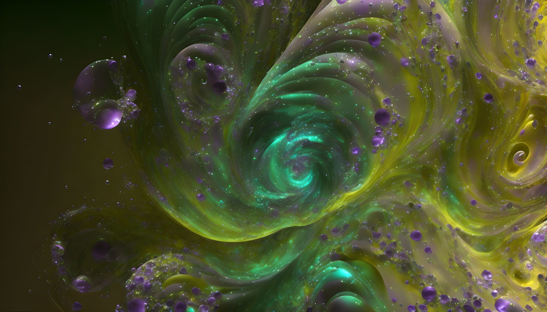 Abstract Digital Fractal Image: Green, Yellow Swirls with Purple Spheres