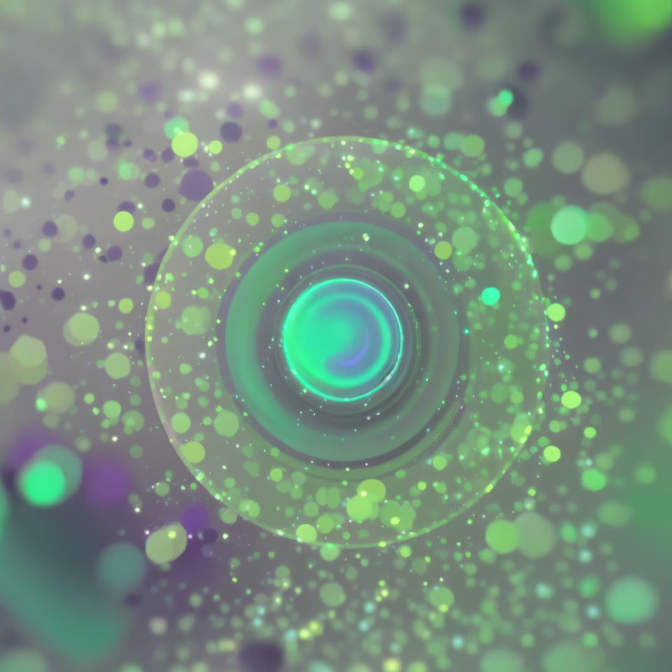 Abstract concentric circle pattern on blurred background with cool hues and floating green & purple bokeh lights.