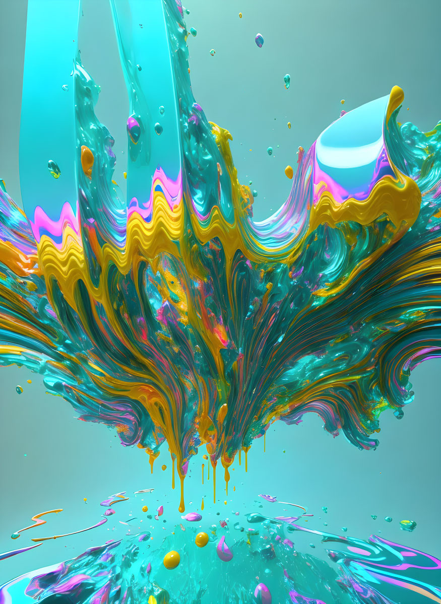 Multicolored liquid swirls on aqua background