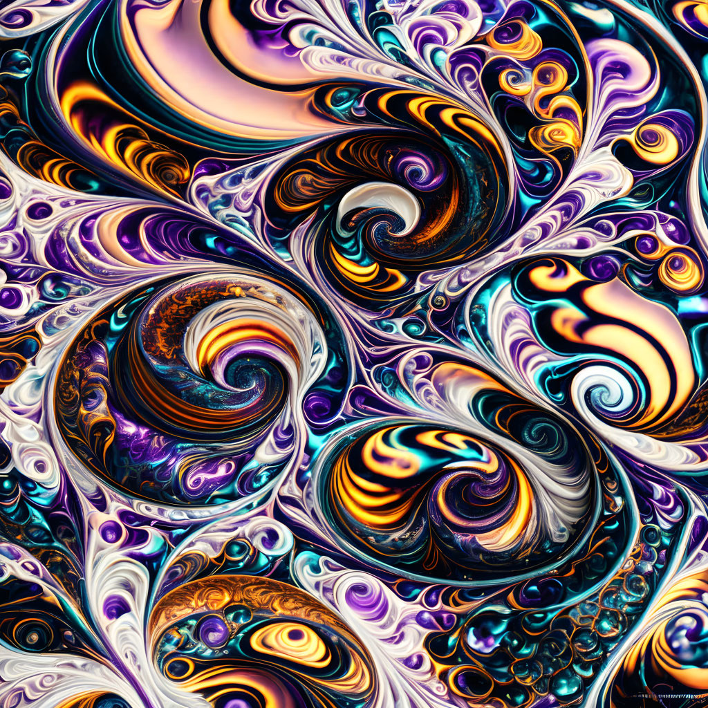 Colorful Digital Fractal Art: Purple, Gold, Blue Swirls