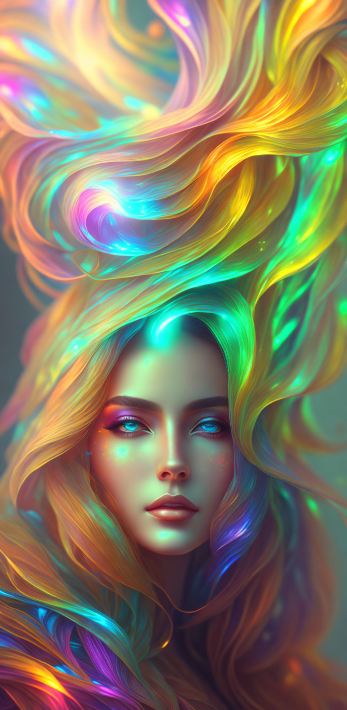 Vibrant digital artwork of a woman with multicolored hair