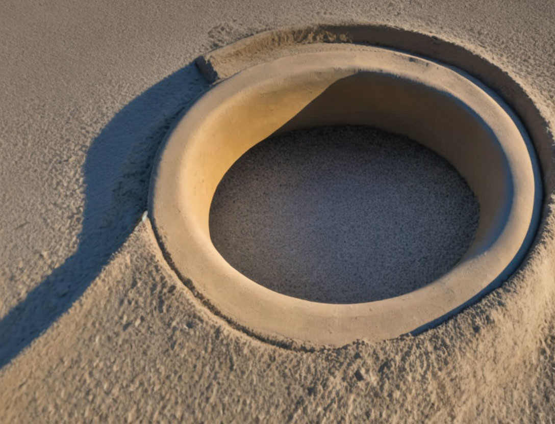 Circular Object Partially Covered by Sand Casting Long Shadow in Warm Lighting