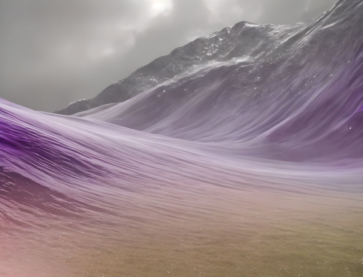 Surreal digitally altered landscape with purple and white textures, dark mountain, and overcast sky