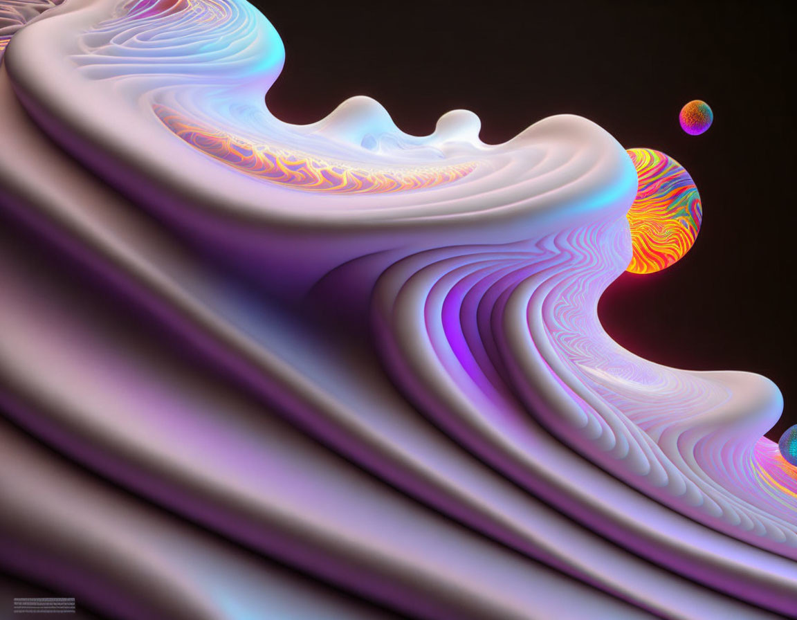 Fluid Gradient Layers of Purple and Blue with Colorful Spheres on Dark Background