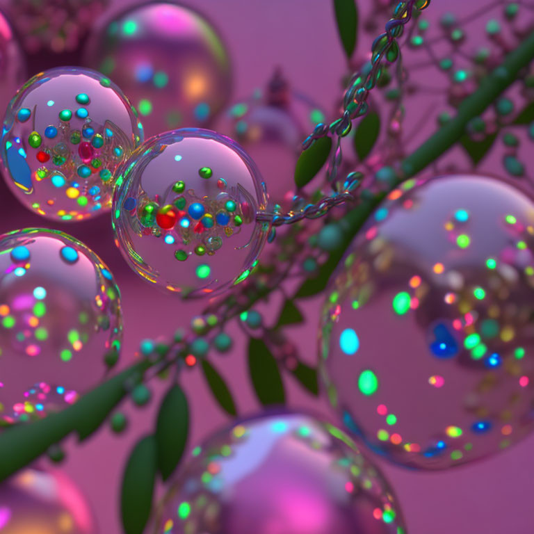 Colorful Beads Inside Transparent Bubbles on Green Plant, Pink Background