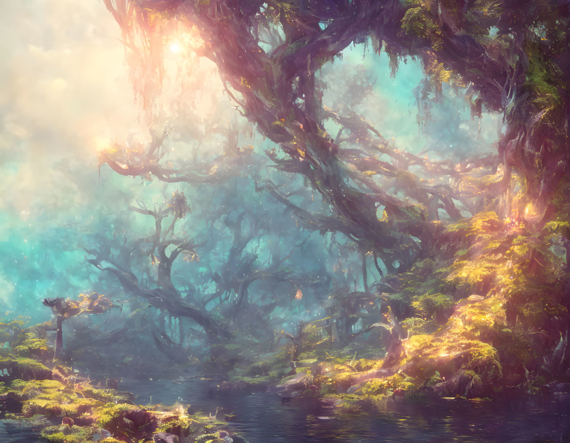 Enchanting forest scene with sunlight, moss-covered trees, and tranquil water.