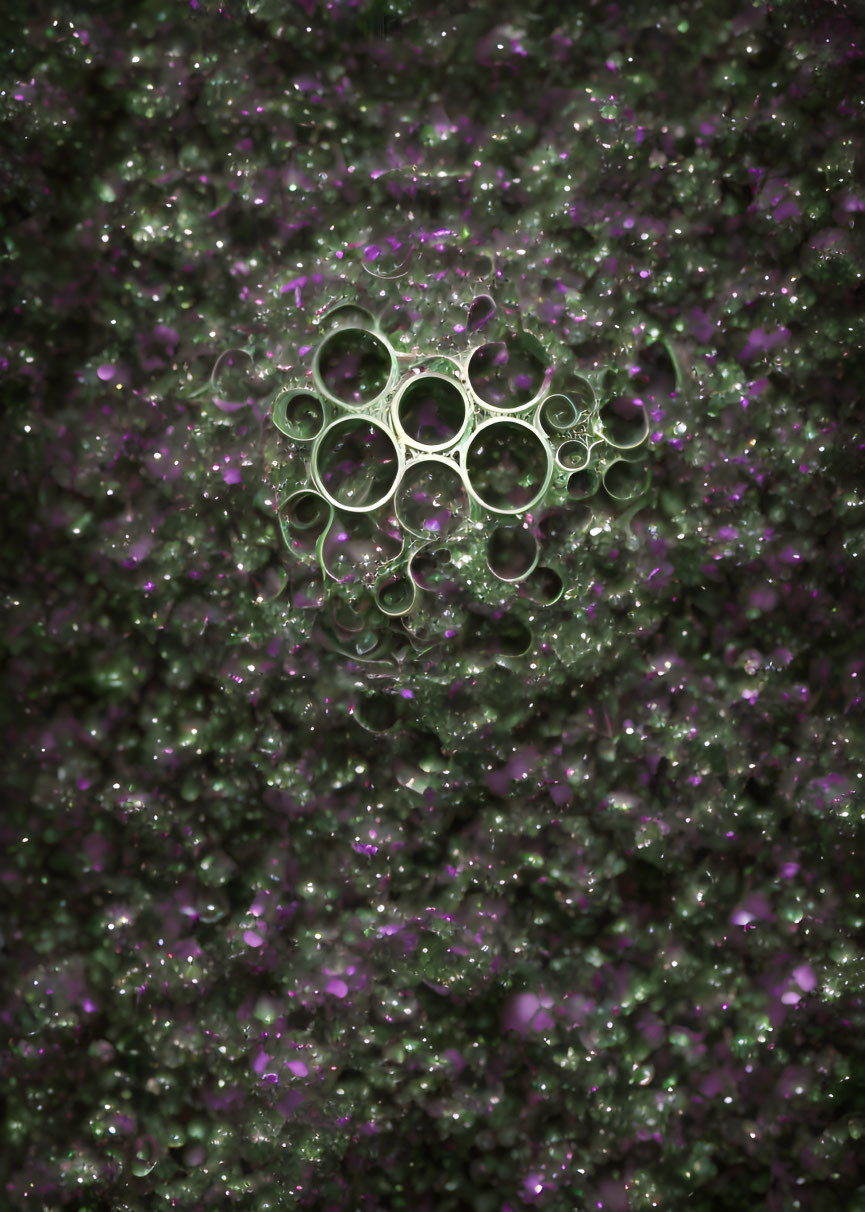 Abstract image: Cluster of circular shapes on glittery green and purple background