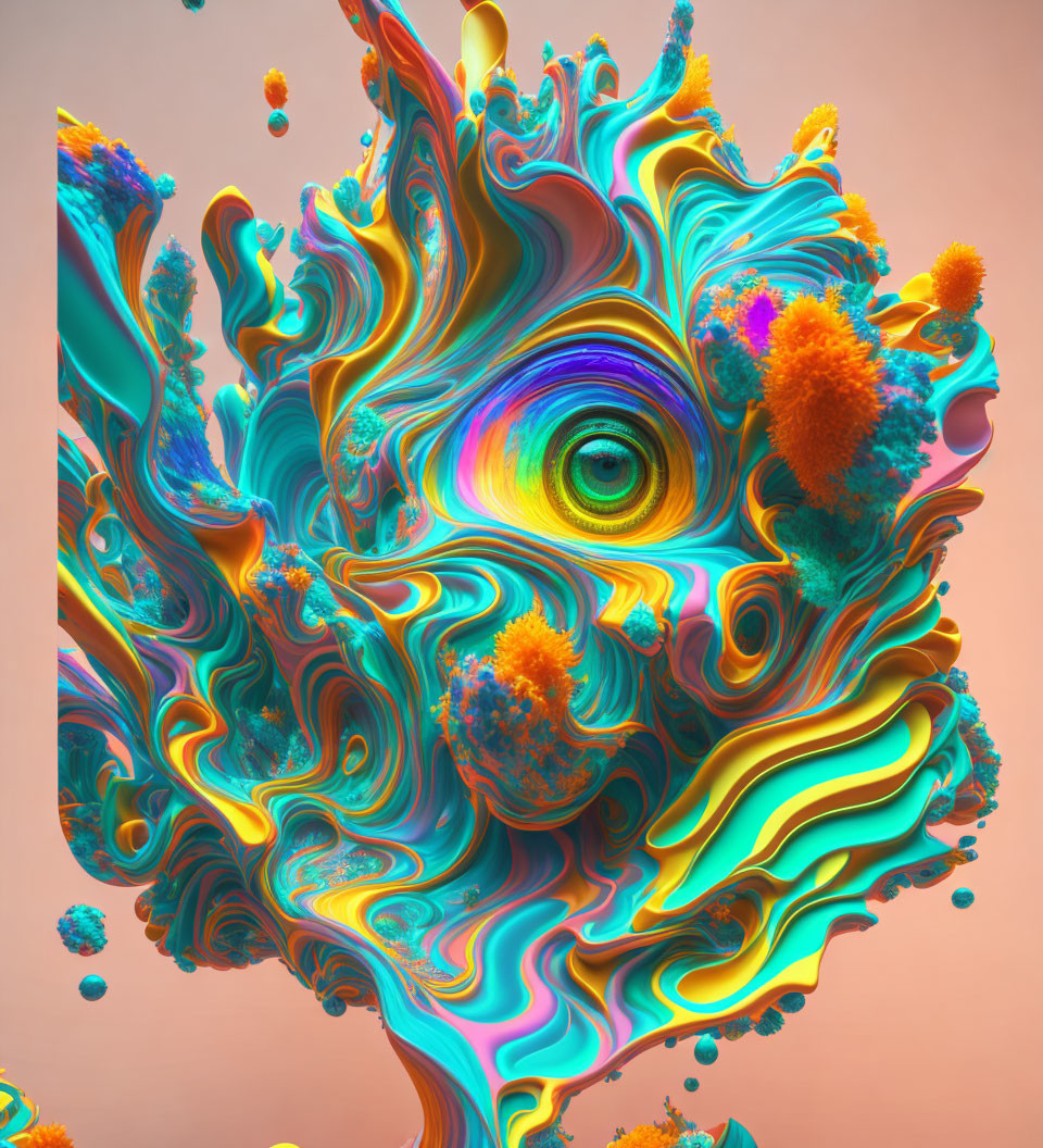 Colorful 3D digital artwork with fluid swirls and floating spheres