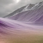 Surreal digitally altered landscape with purple and white textures, dark mountain, and overcast sky