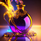 Golden detailed ornate bottle with swirling flames on purple and orange gradient background atop jewels