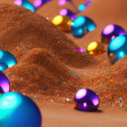 Vibrant Metallic Beads on Glittery Sand in Blue and Purple