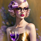 Stylish woman with lilac hair, rose accessories, gold dress, and black-rimmed