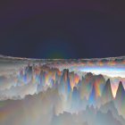 Misty alien landscape with sharp mountain peaks and two moons