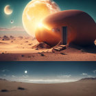 Surreal desert landscape with oversized planets in the sky