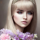 Blond-haired woman with blue eyes in digital portrait surrounded by pastel flowers