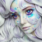 Mystical female figure with lavender hair and turquoise eyes portrait illustration